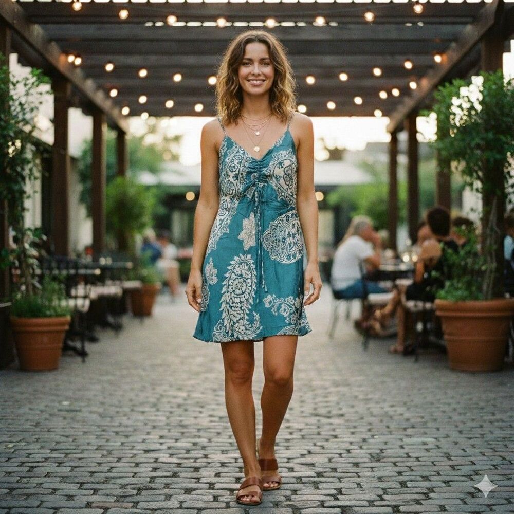 ZARA Paisley Mini Slip Dress Teal Blue Satin Boho Ruched Front S